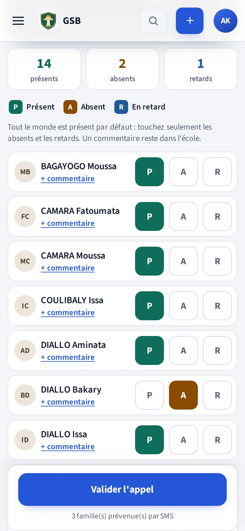 Appel d'une classe sur téléphone : présents, absents, retards (données fictives)