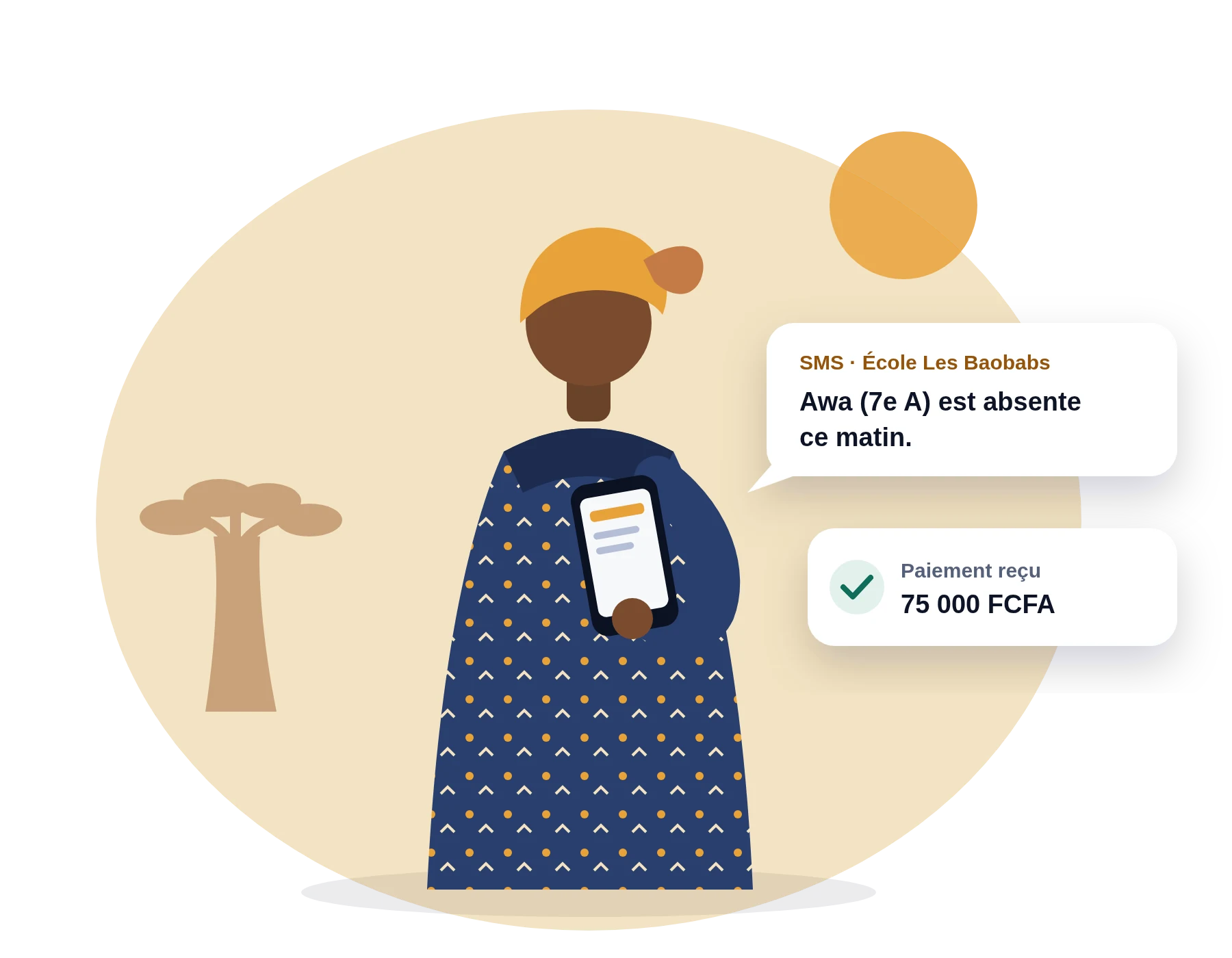 Illustration : une maman reçoit sur son téléphone le SMS d'absence et la confirmation de paiement